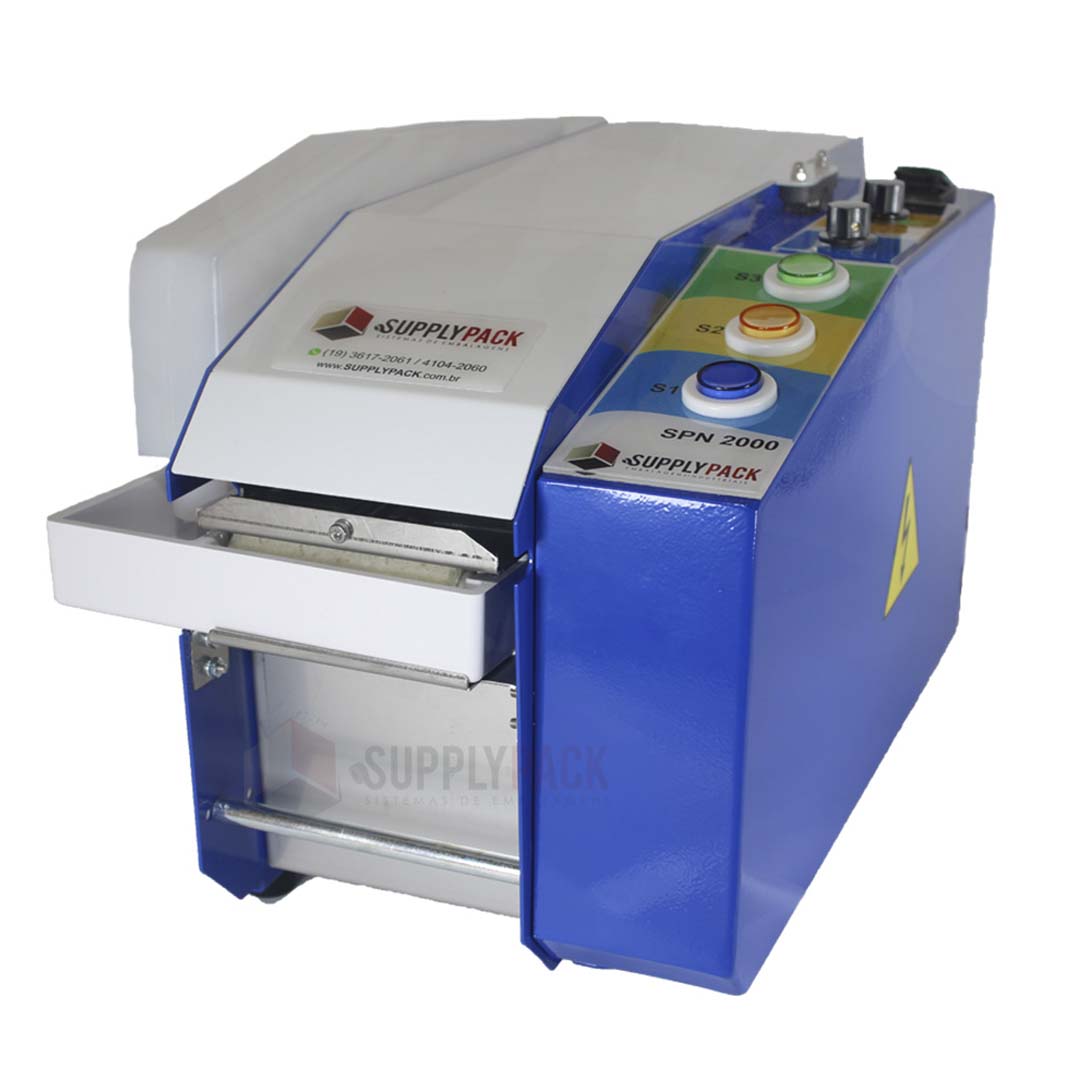 Dispensador semiautomático de fita gomada SPN-2000 azul e branco em vista de três quartos